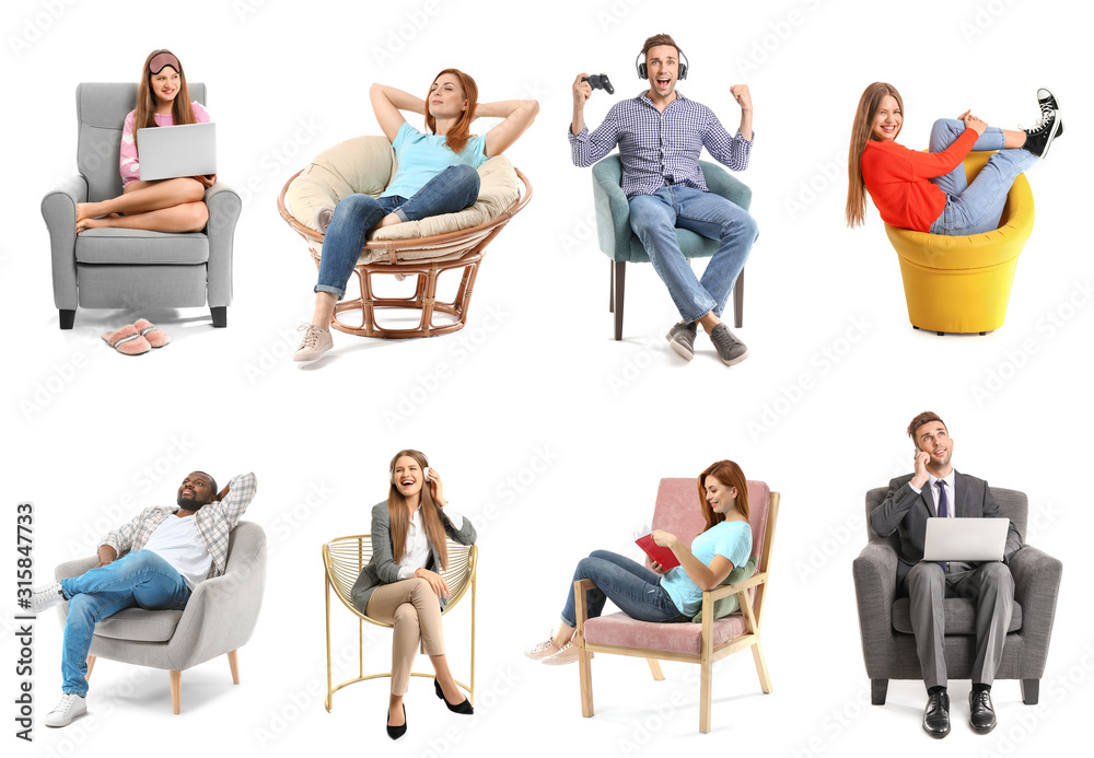 Collage with different people sitting in armchairs on white background