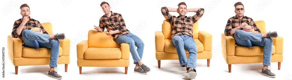 英俊男子坐在白底扶手椅上看电影
