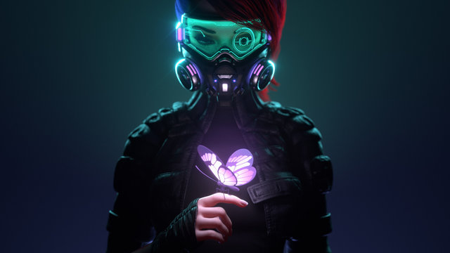 3d illustration of a cyberpunk girl in futuristic gas mask with protective green glasses and filters in jacket looking at the glowing butterfly landed on her finger in a night scene with air pollution