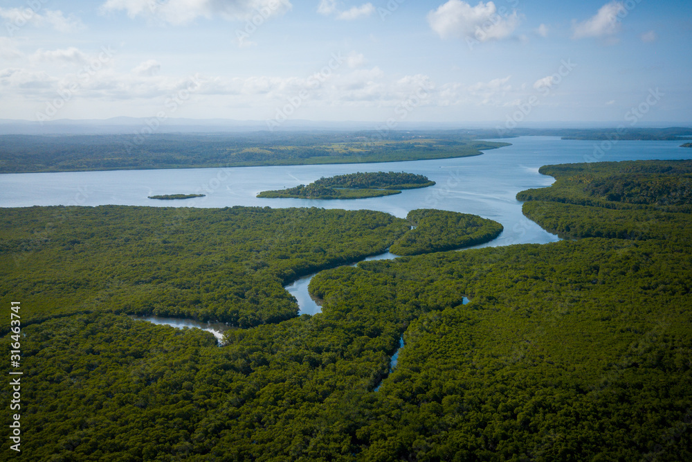 Aerial view of the Rio da Serra to the Maraú peninsula. Bahia Brazil
