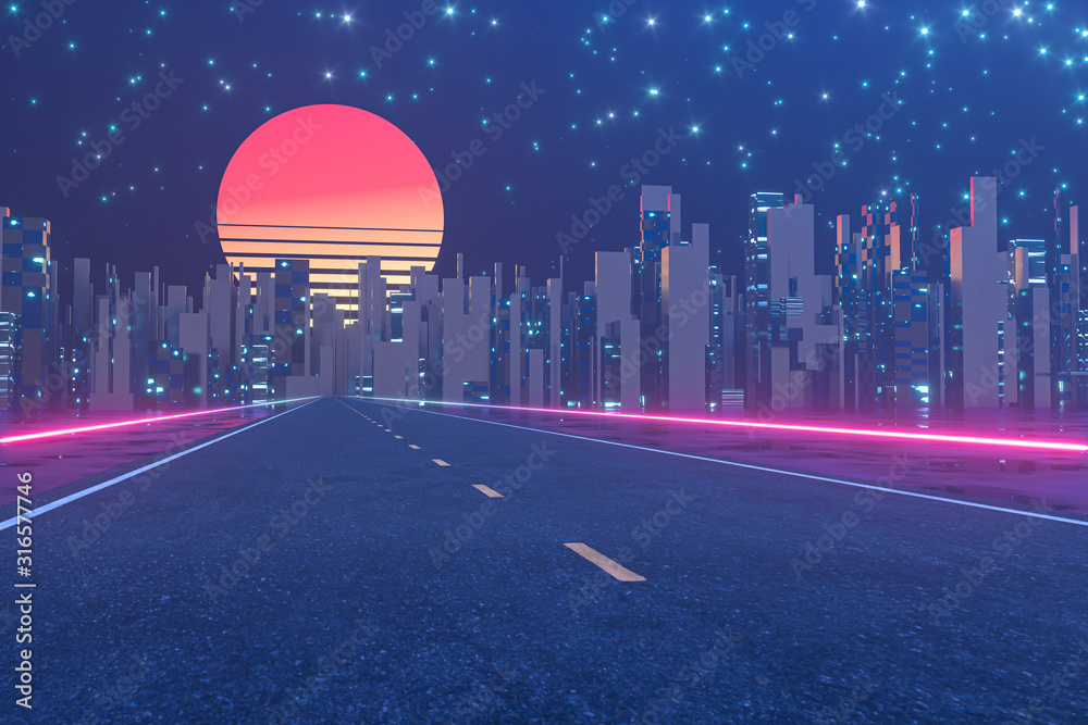 城市道路和日落天空，抽象概念，3d渲染。