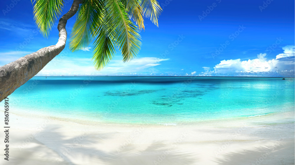 美丽的热带海滩，白色的沙滩，背景是绿松石的海洋，阳光下是蓝天和云朵