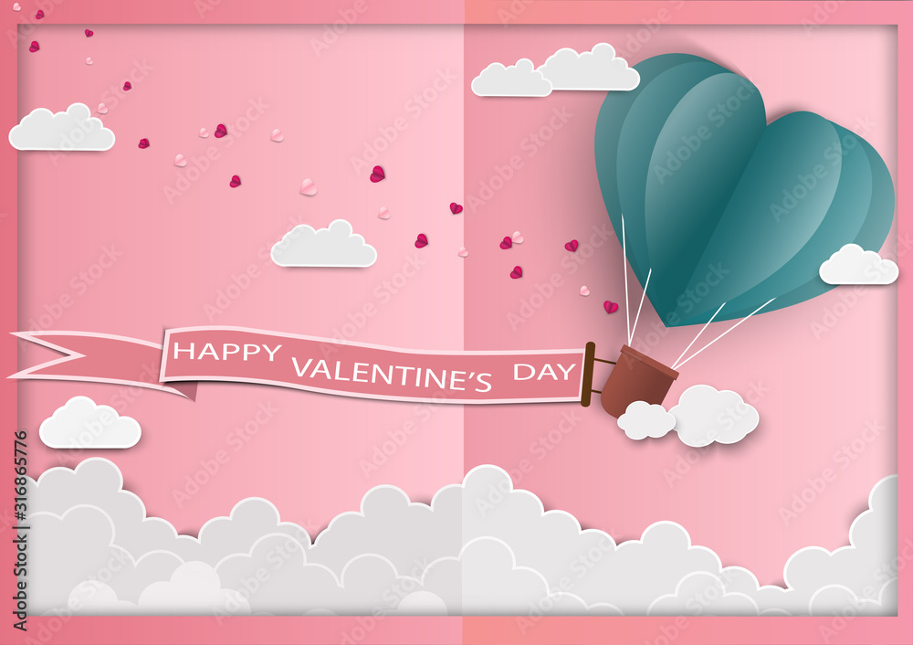 爱的纸艺术和折纸制作的气球心形飞行，带有情人节标签。它们是