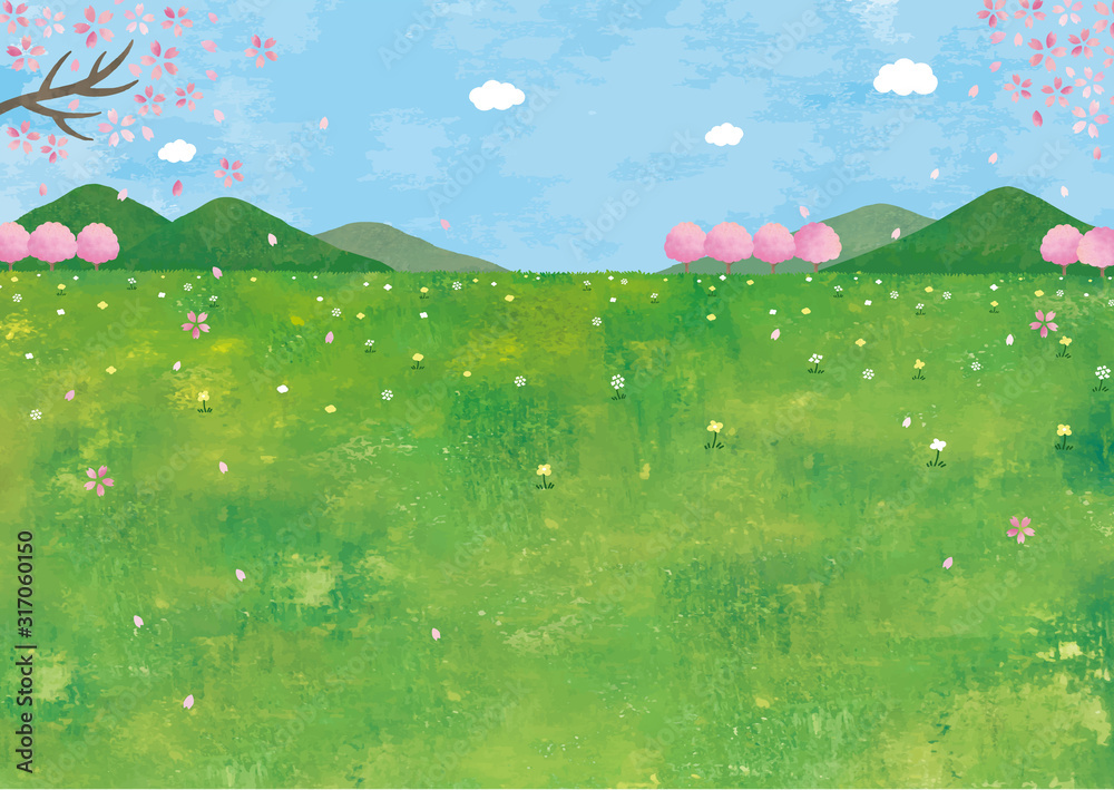 山と草原と桜の景色水彩