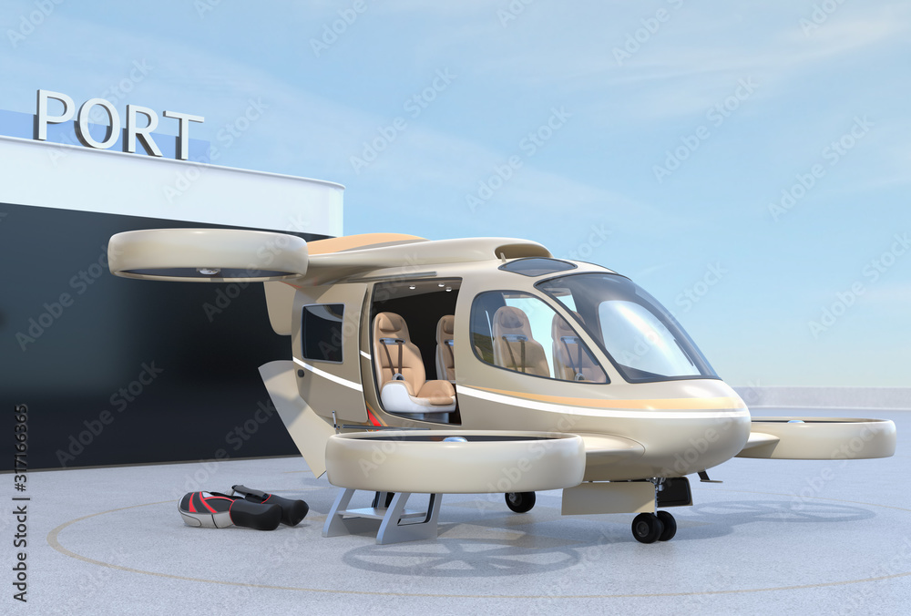 停在无人机港的金属金色飞行汽车（空中出租车）。3D渲染图像。