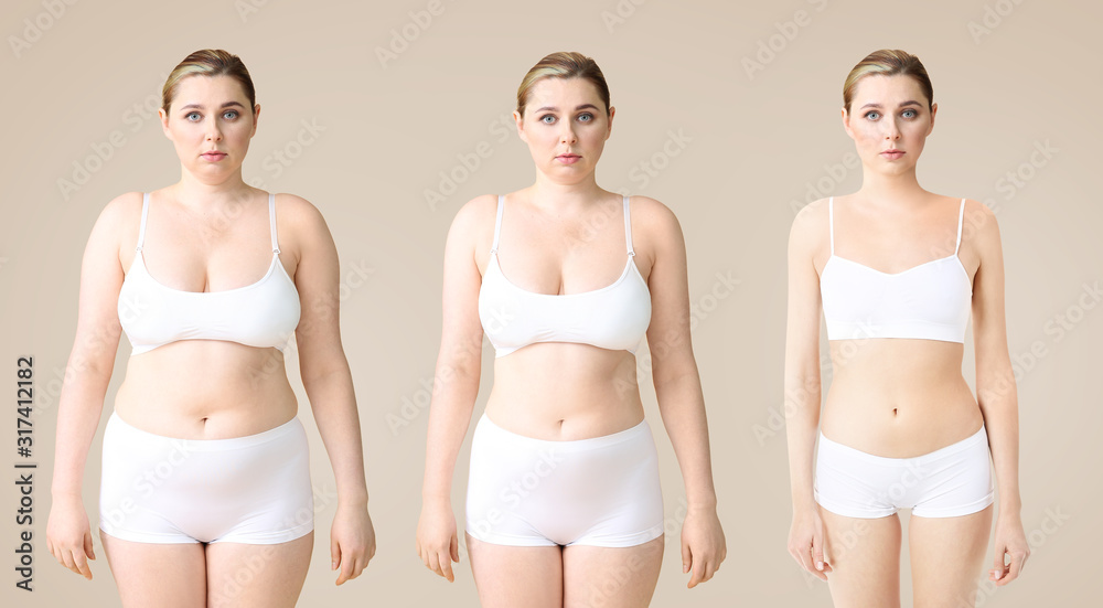 年轻女性在彩色背景上减肥前后。减肥的阶段