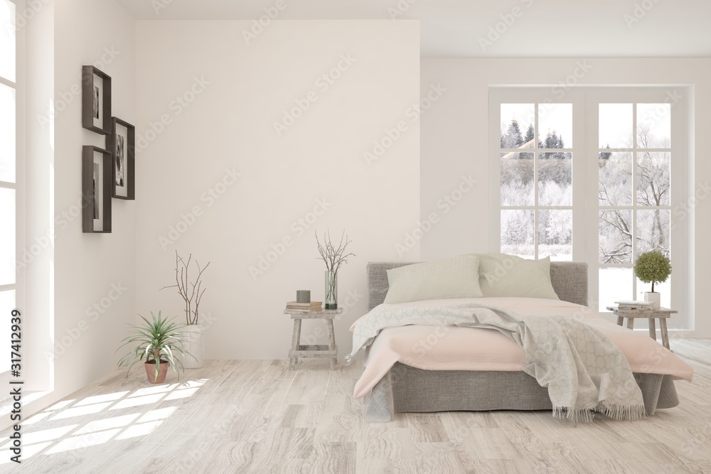 白色时尚卧室，窗户里有冬季景观。斯堪的纳维亚室内设计。3D ill