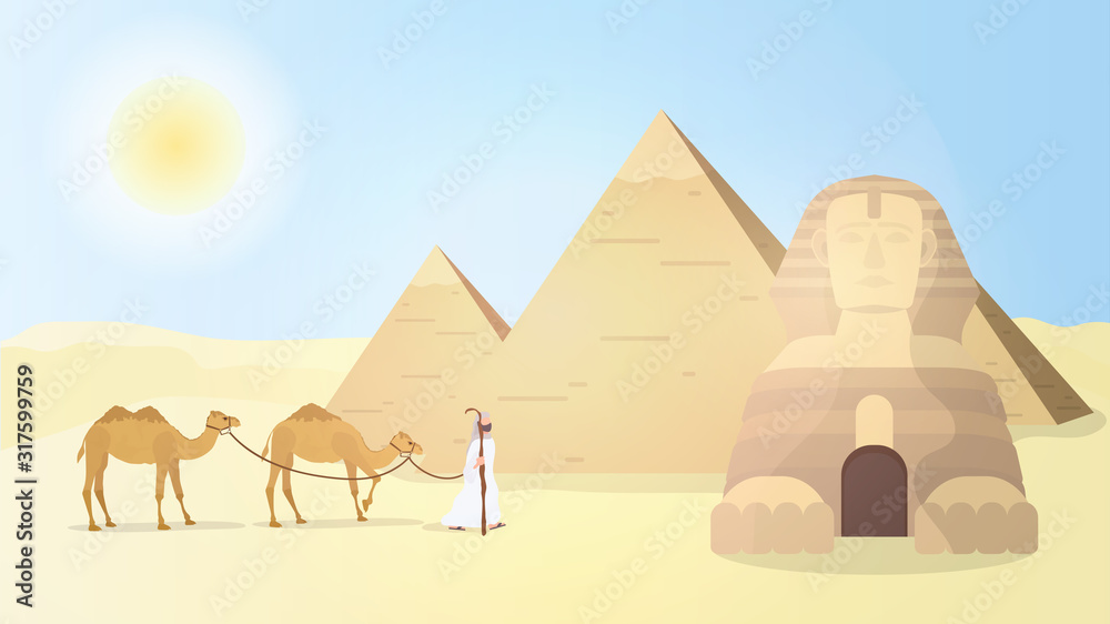 埃及狮身人面像和金字塔。沙漠。一个人牵着骆驼穿过沙漠。