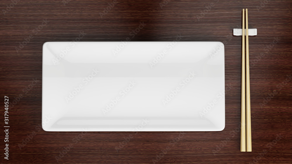 木制桌子上的白色空石板矩形板和筷子。三维渲染