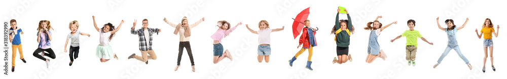 白色背景下的一组不同的跳跃儿童