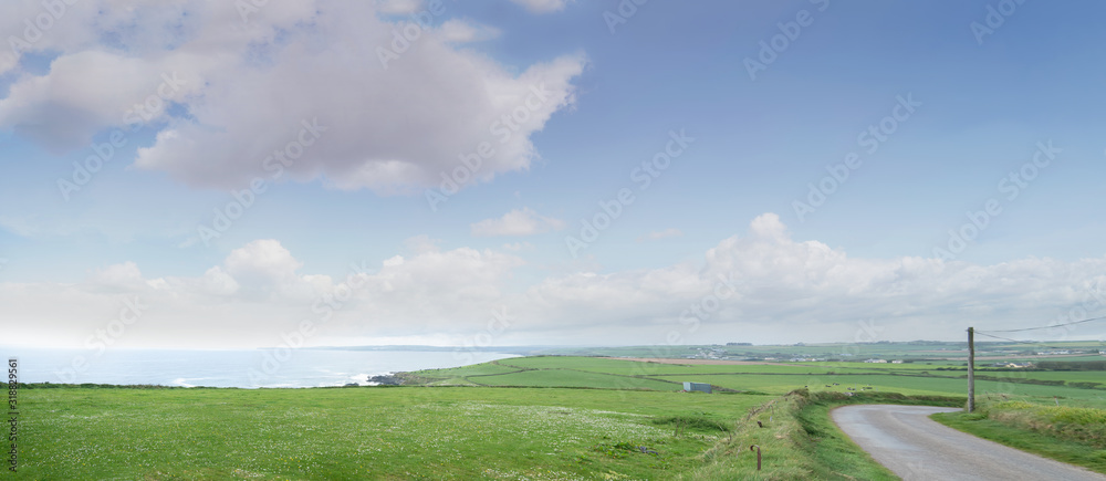 Panoramic landscape on cloudy spring day