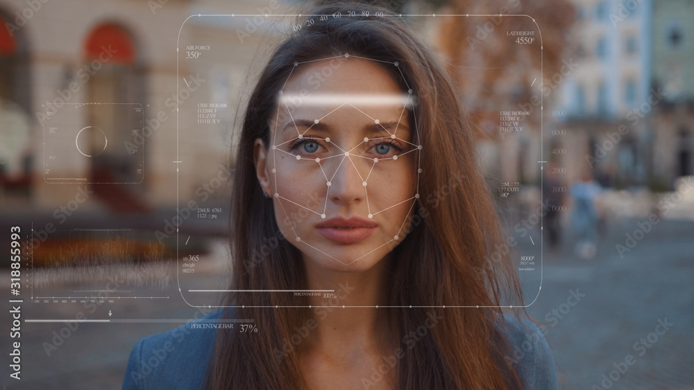 未来。人脸检测。技术三维扫描。生物识别人脸识别。人脸识别技术