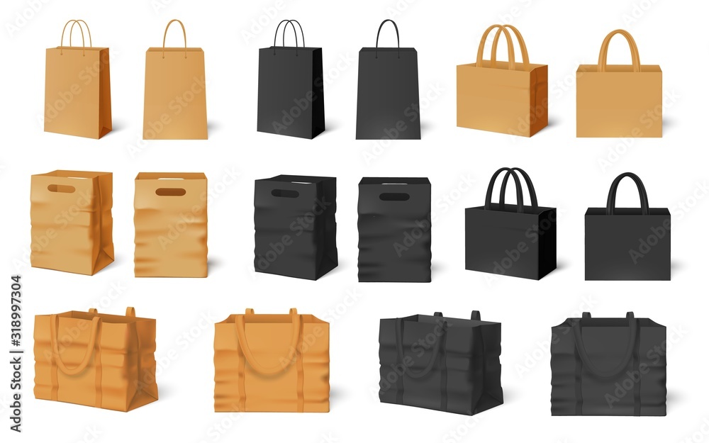 购物袋实物模型。手工纸袋、黑色空包装和商店手提包模板矢量集。C