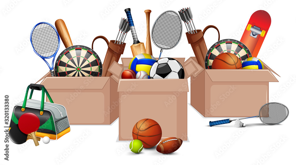 Three boxes full of sport equipments on white background