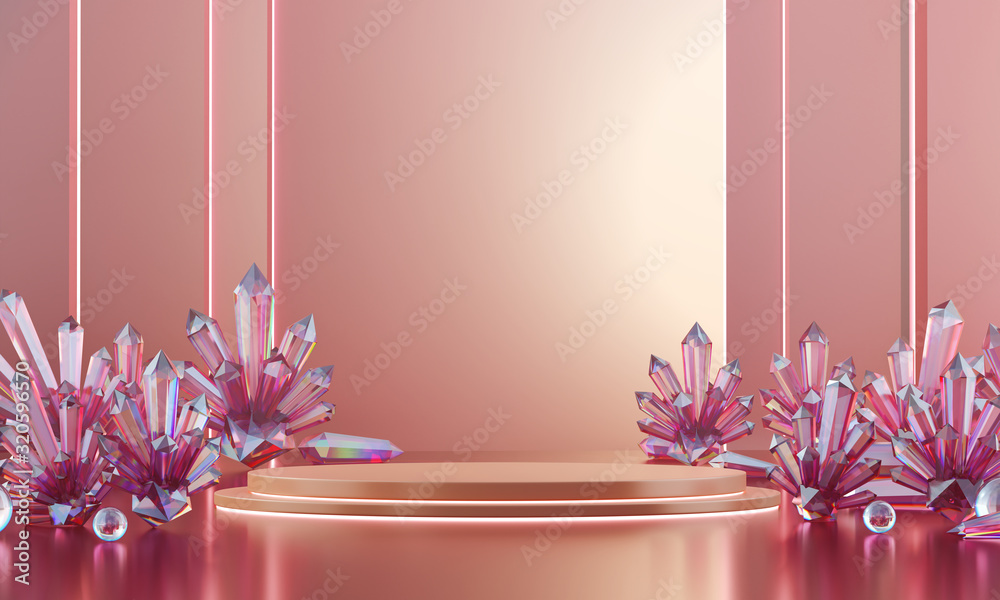 抽象奢华柔和的粉红色舞台模型，带有大量腐蚀性晶体，广告制作模板