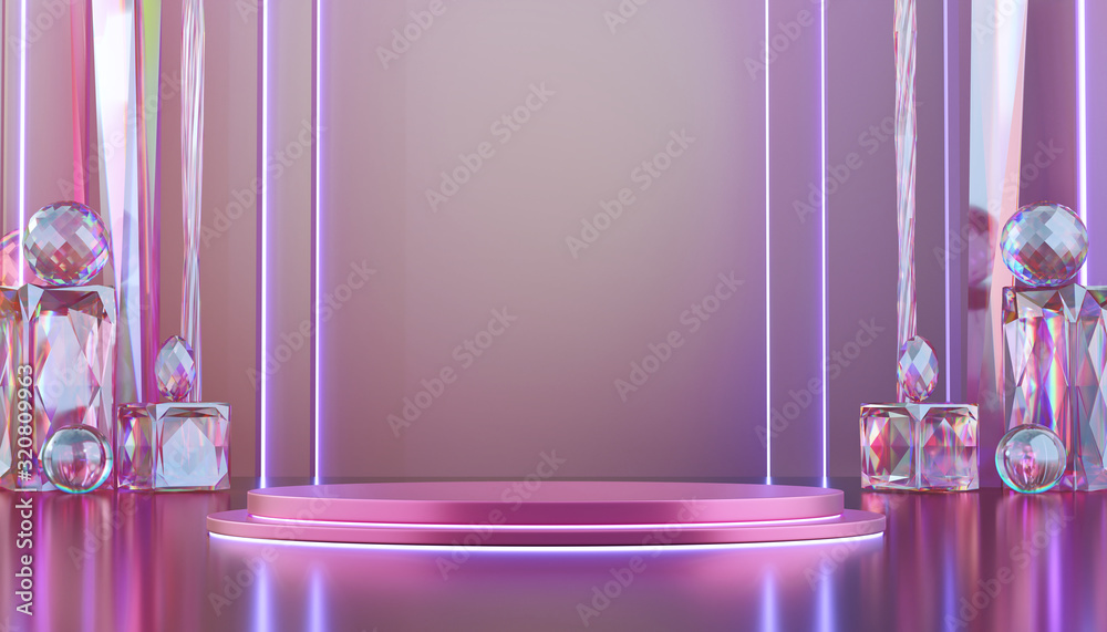 抽象奢华的紫罗兰色舞台模型，有很多腐蚀性的晶体形状，广告模板