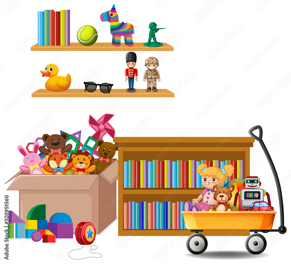 白色背景的书架上摆满了书籍和玩具
