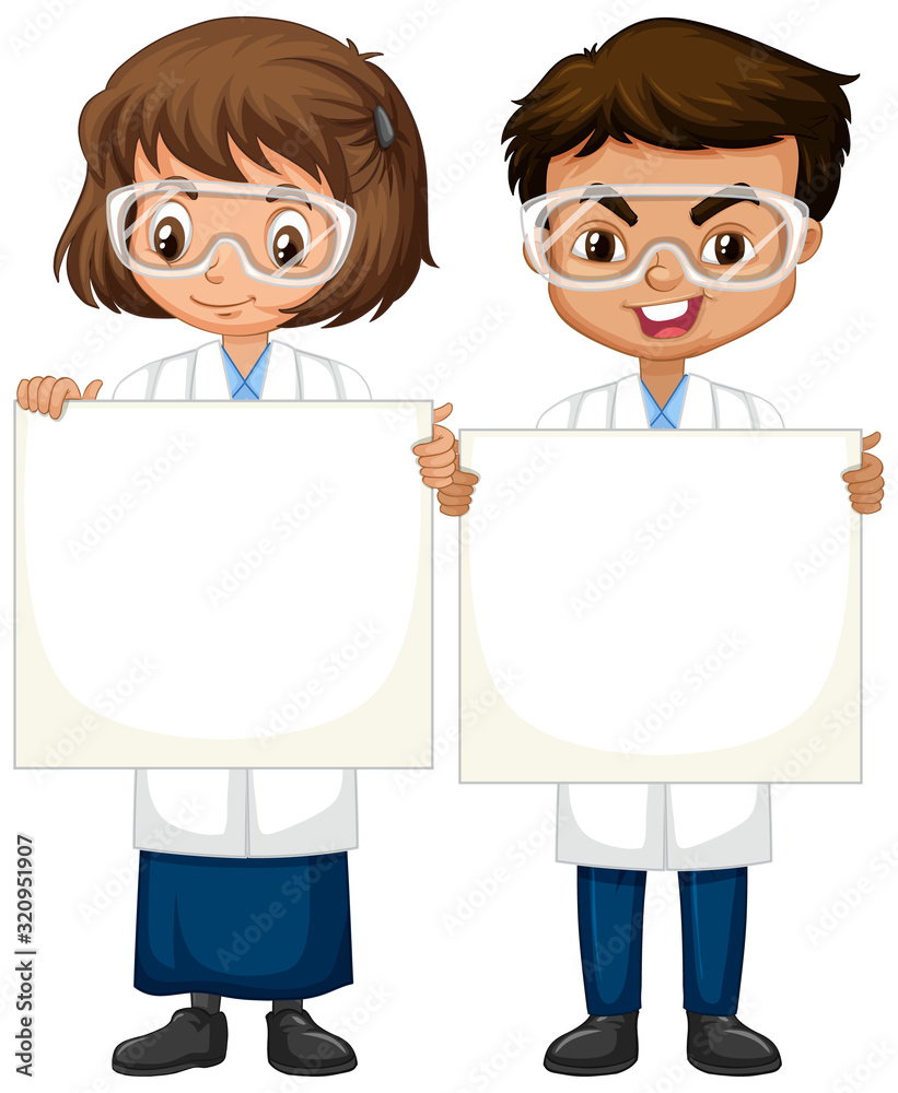 穿着科学长袍的男孩和女孩站在白底上