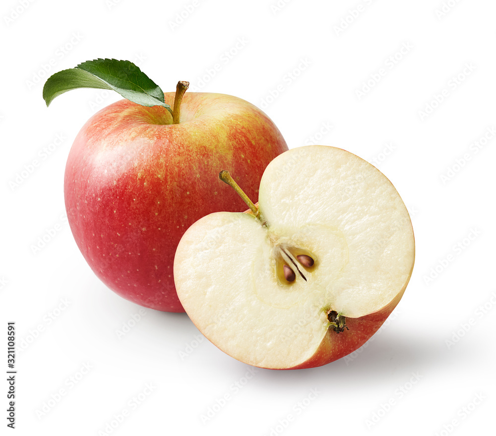 新鲜美味的苹果，红黄熟透的苹果，半个苹果被隔离在白底上