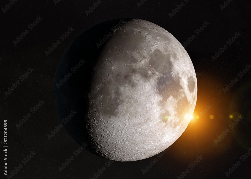 View of an half moon in space with stars 3D rendering elements of this image furnished by NASA