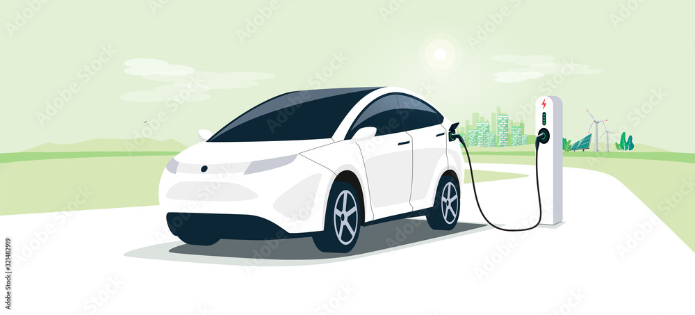 充电站上的电动汽车，绿色的城市街道天际线。电池电动汽车插上电源并启动