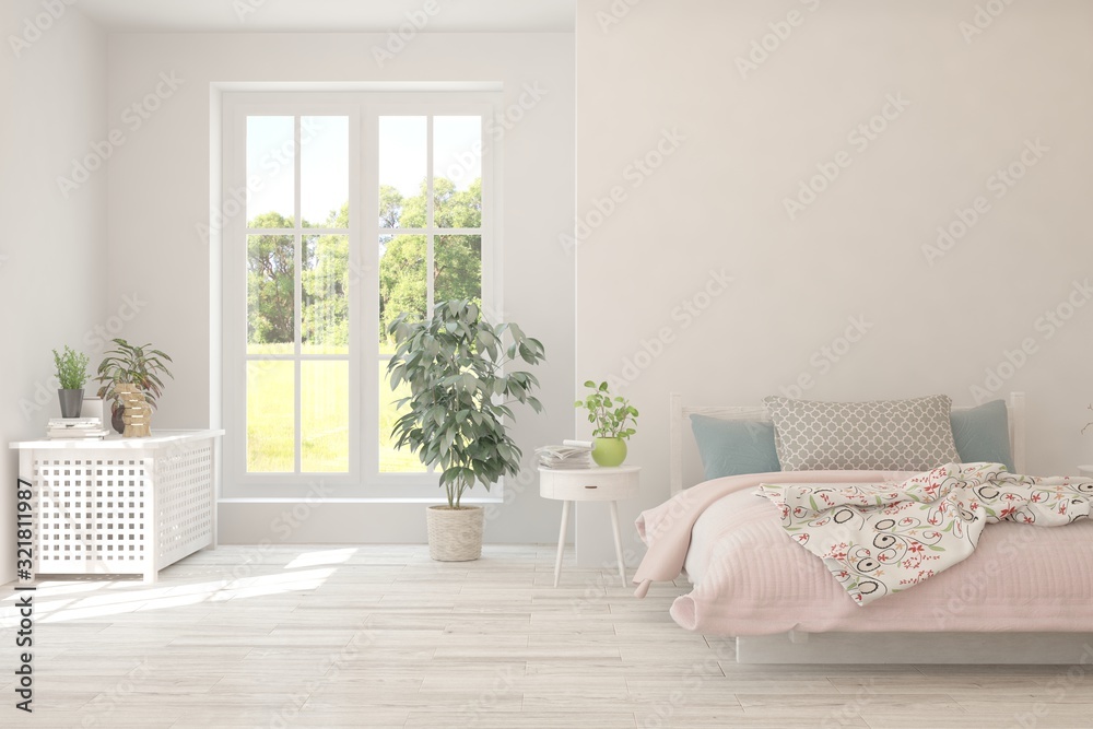 Stylish bedroom in white color with summer landscape in window. Scandinavian interior design. 3D ill