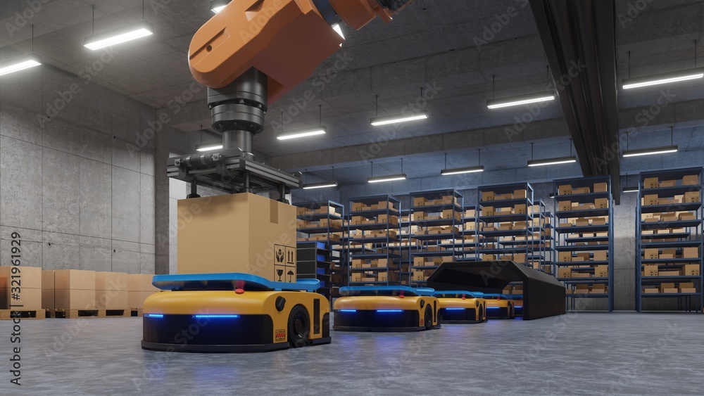 Robotic arm for packing with producing and maintaining logistics systems using Automated Guided Vehi