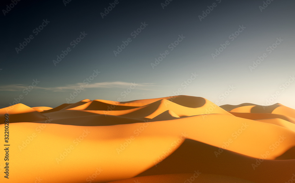 Golden coloured sand dunes and a clear sky in the late afternoon. Mixed media illustration.