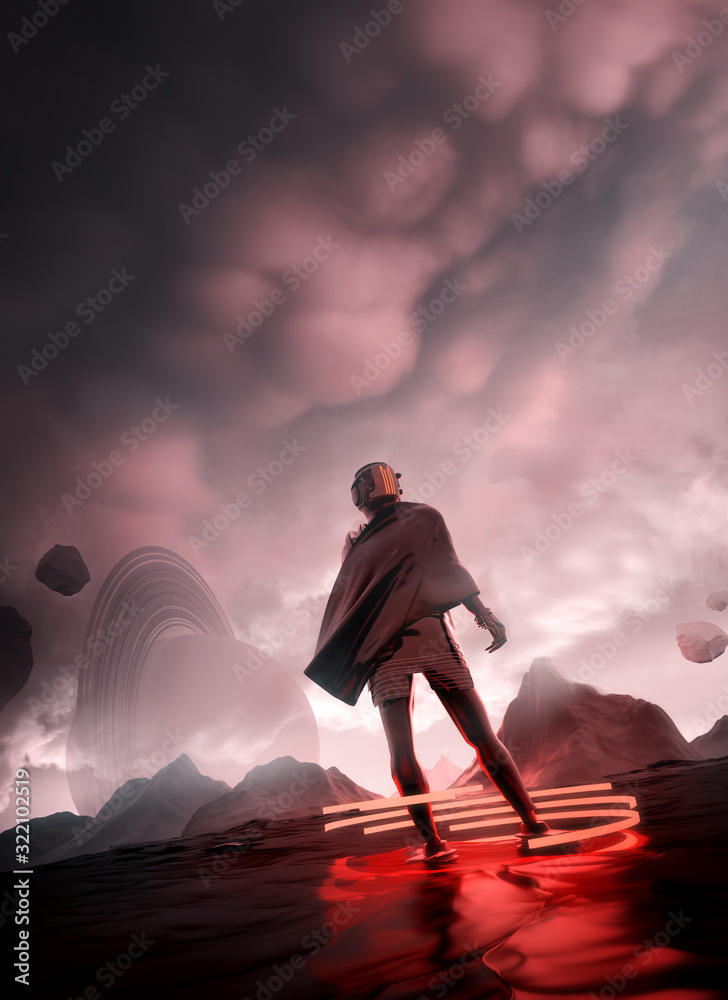 Fantasy spaceman on a mission exploring a new found planet. Futuristic Portrait concept 3D illustrat