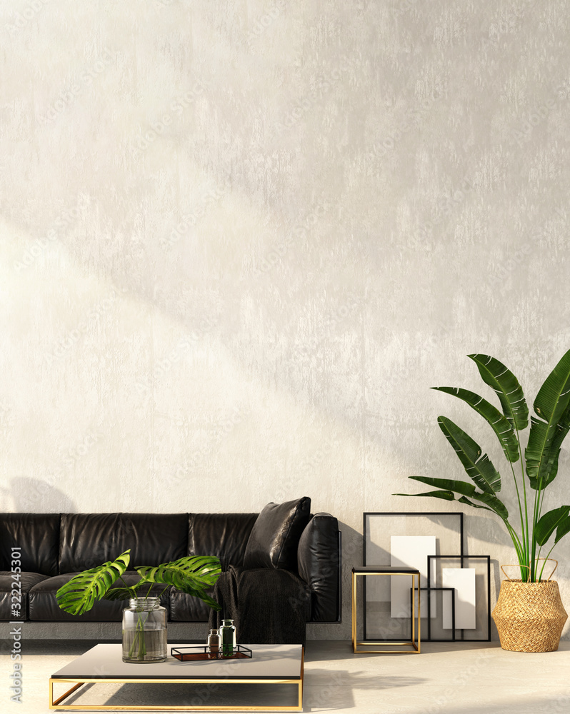 混凝土墙和混凝土地板上的黑色皮革沙发室内设计，3d插图。3d rende