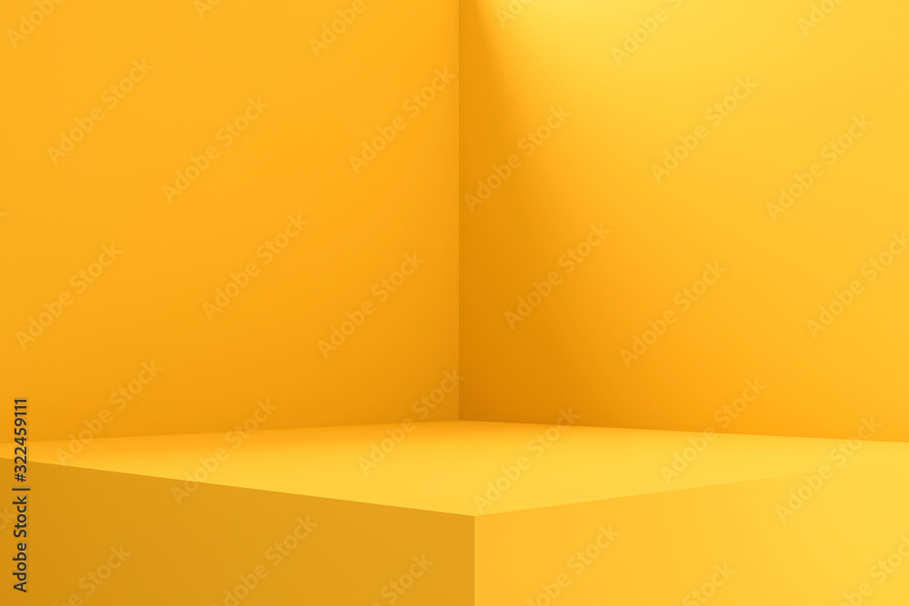 Empty room interior design or yellow pedestal display on vivid background with blank stand. Blank st
