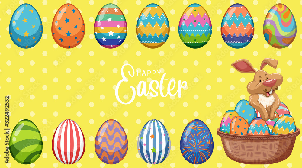Poster design for easter with easter bunny and painted eggs in the basket