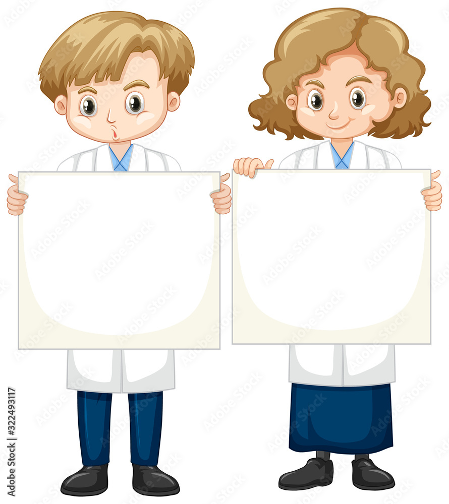 穿着科学长袍的男孩和女孩站在白底上