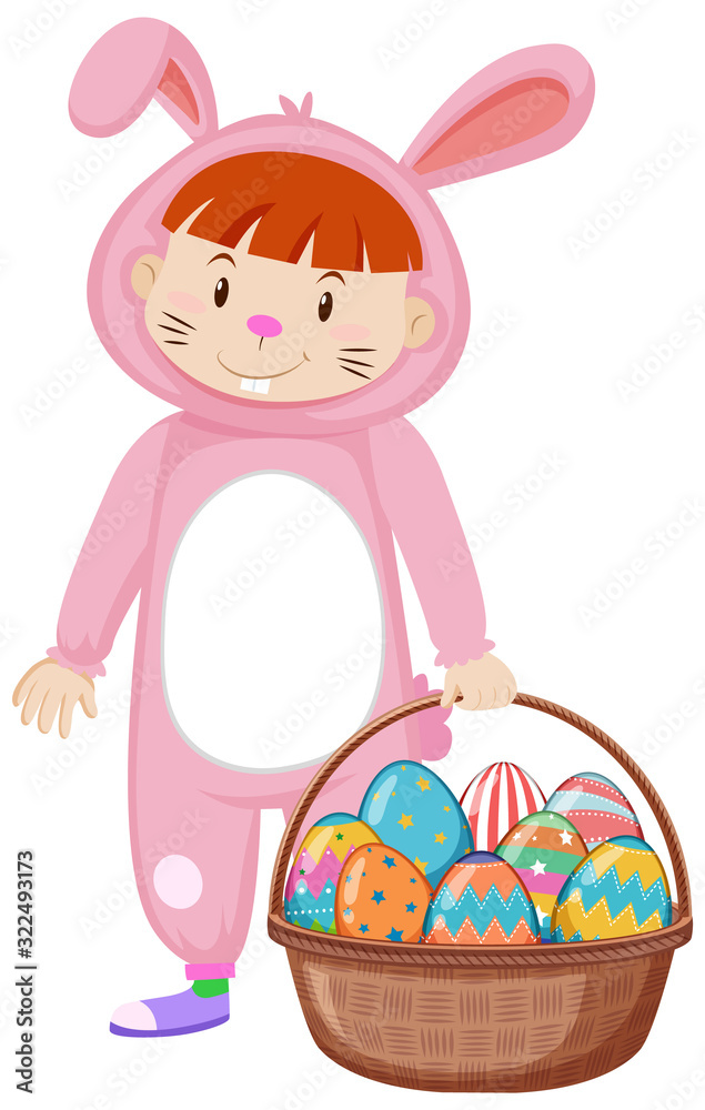 穿着兔子服装，篮子里装着复活节彩蛋的孩子