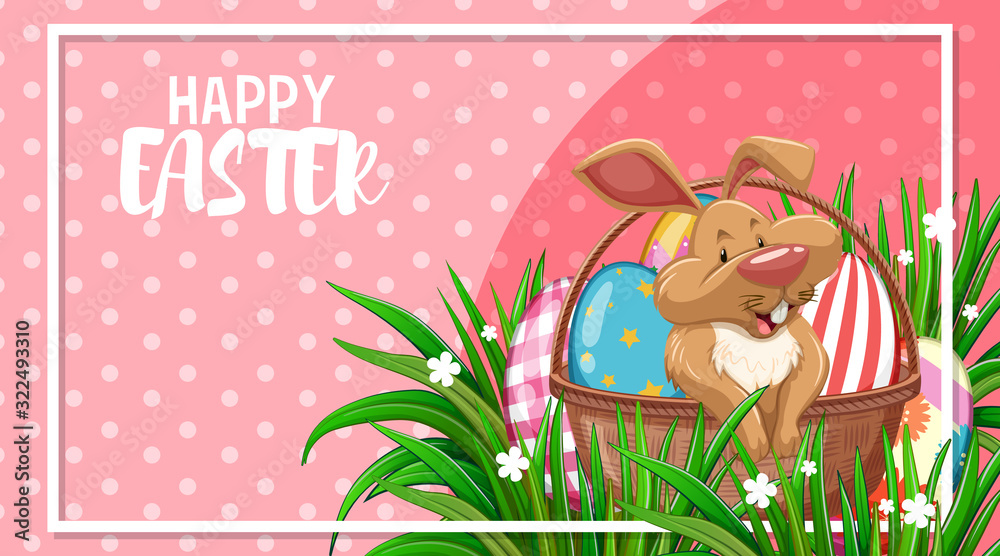 Poster design for easter with cute bunny and painted eggs