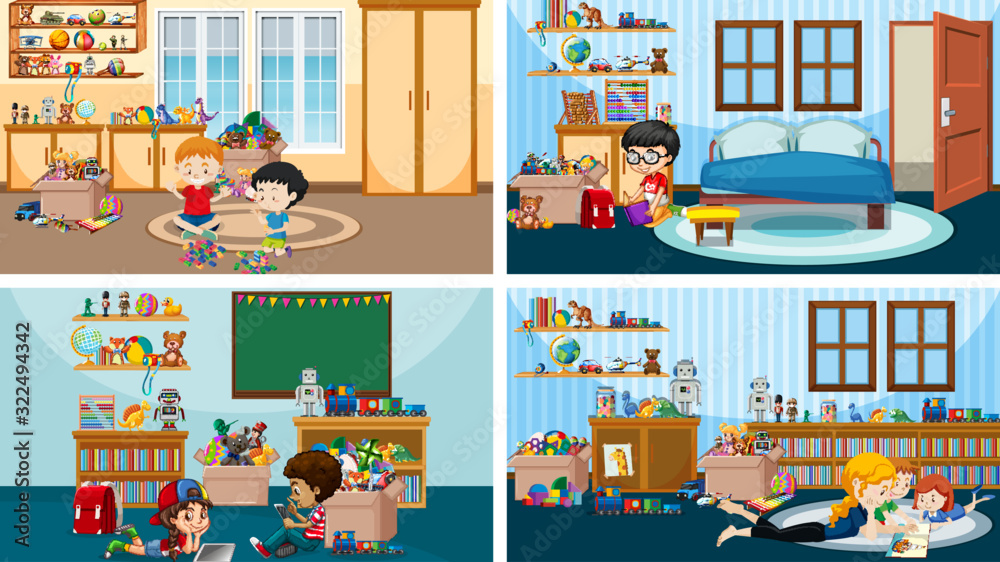 孩子们在不同房间玩耍和阅读的四个场景