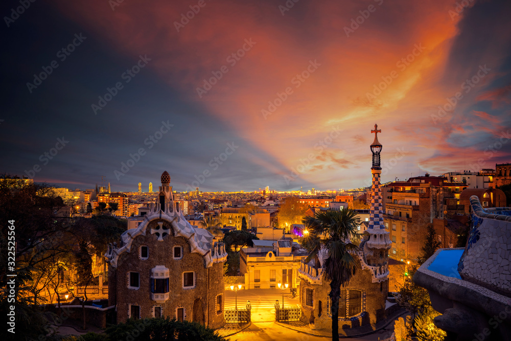 Barcelona city at sunrise viewed from park Guell