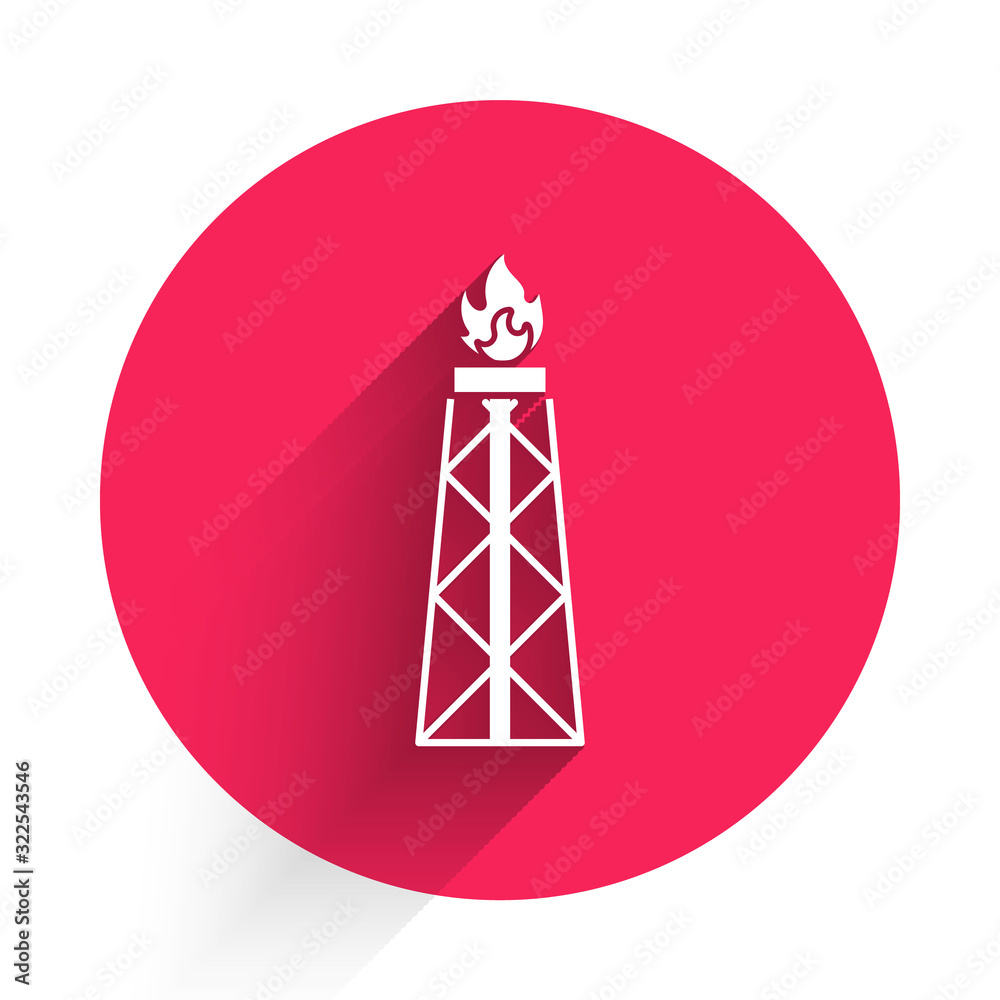 白色石油钻机，带长阴影隔离的消防图标。天然气塔。工业物体。红色圆圈，但