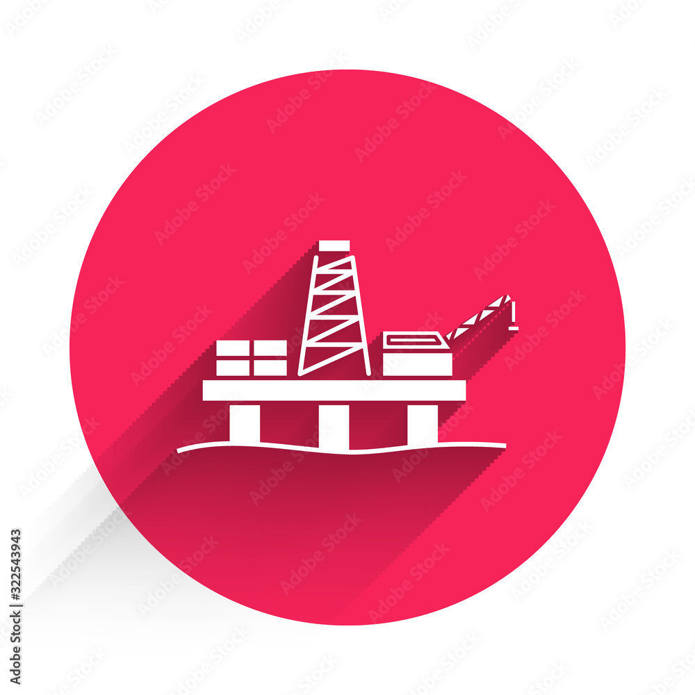 White Oil platform in the sea icon isolated with long shadow. Drilling rig at sea. Oil platform, gas