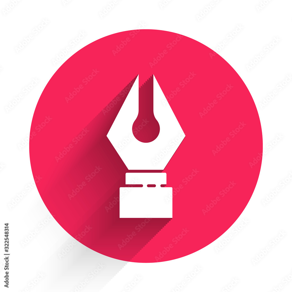 White Fountain pen nib icon isolated with long shadow. Pen tool sign. Red circle button. Vector Illu