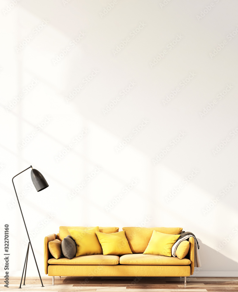 白色墙壁和木地板上的沙发室内设计，三维插图。三维渲染