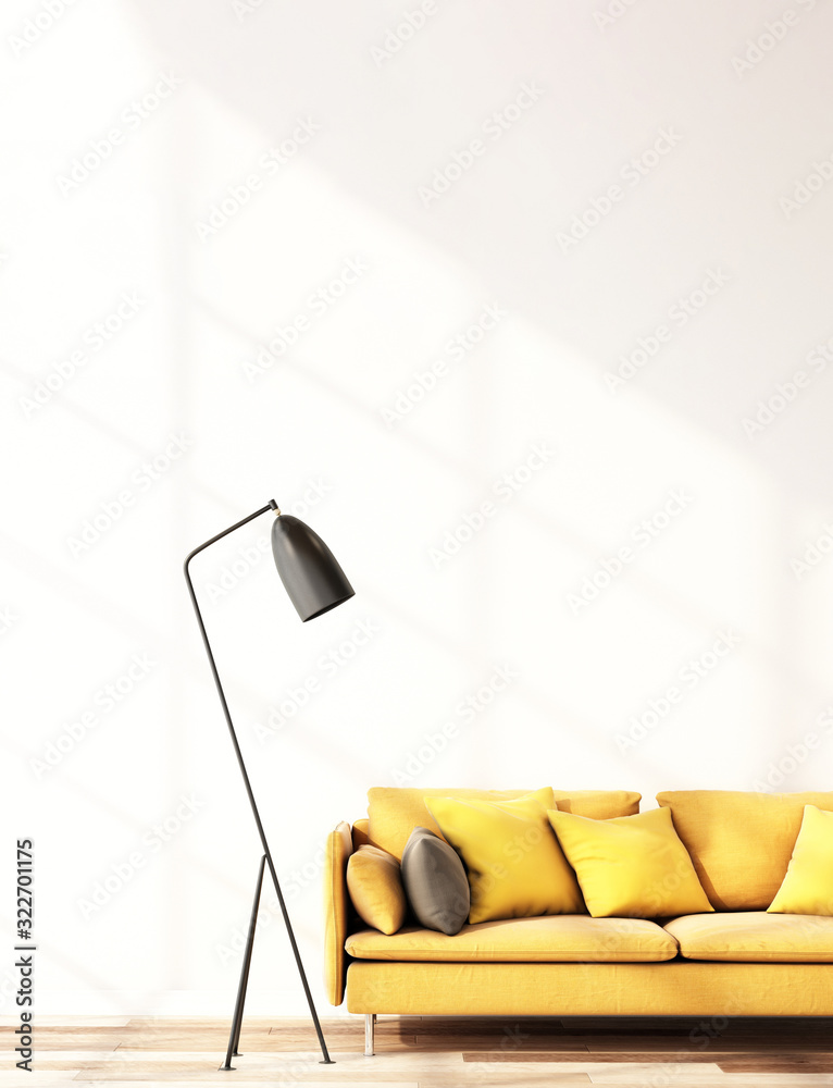 interior design with sofa on white wall and wooden floor,3d illustration.3d rendering