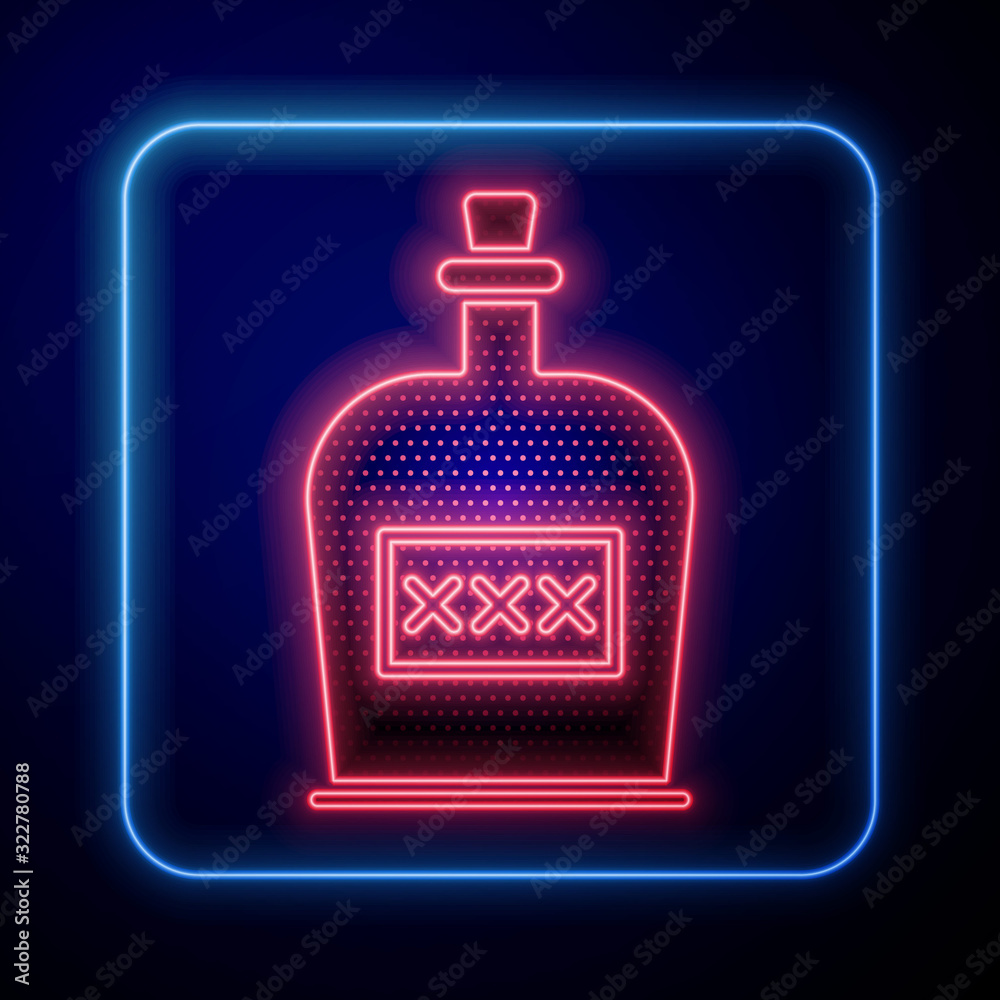 Glowing neon Alcohol drink Rum bottle icon isolated on blue background.  Vector Illustration