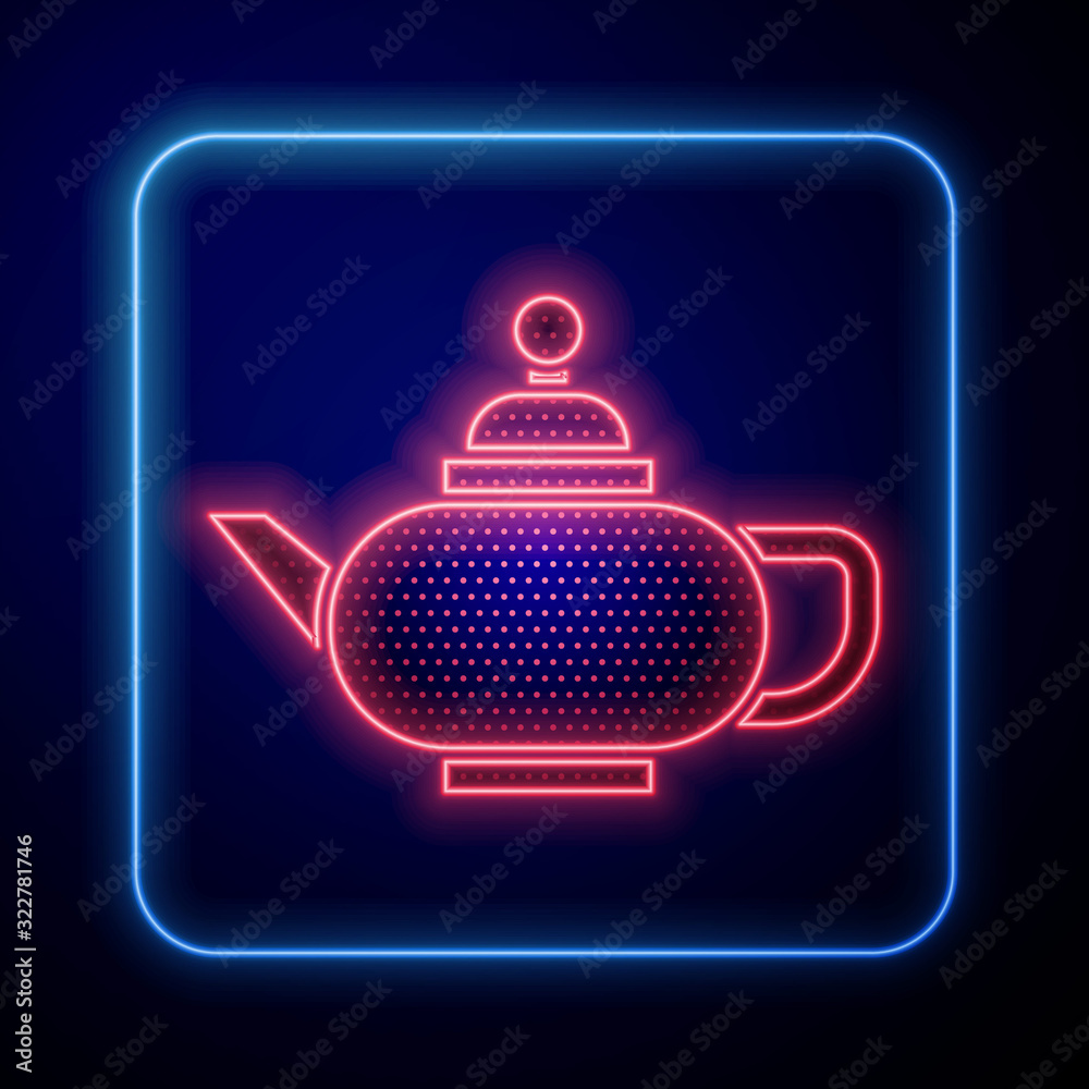 蓝色背景下，霓虹灯闪耀的中国传统茶道图标。带杯子的茶壶。Ve