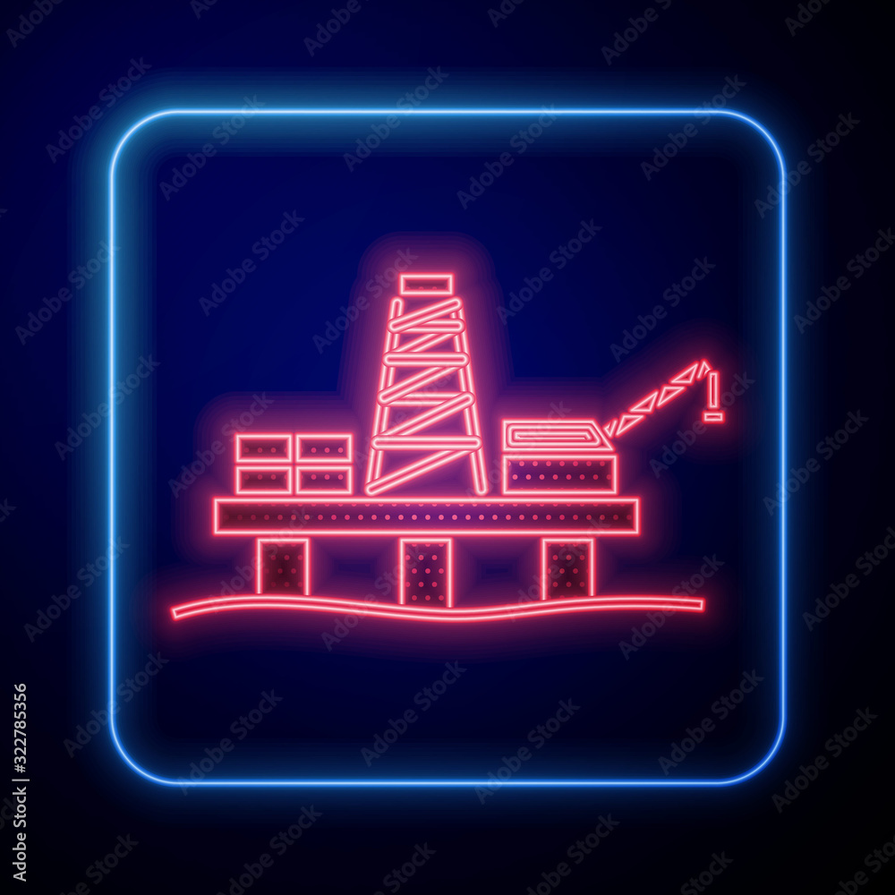 Glowing neon Oil platform in the sea icon isolated on blue background. Drilling rig at sea. Oil plat