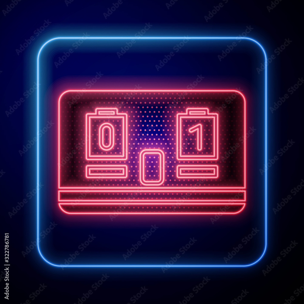 Glowing neon Sport hockey mechanical scoreboard and result display icon isolated on blue background.