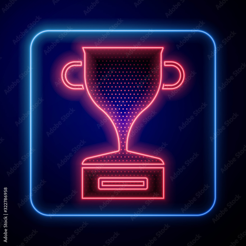 蓝色背景上的霓虹灯奖杯图标。获胜者奖杯符号。冠军或主持人