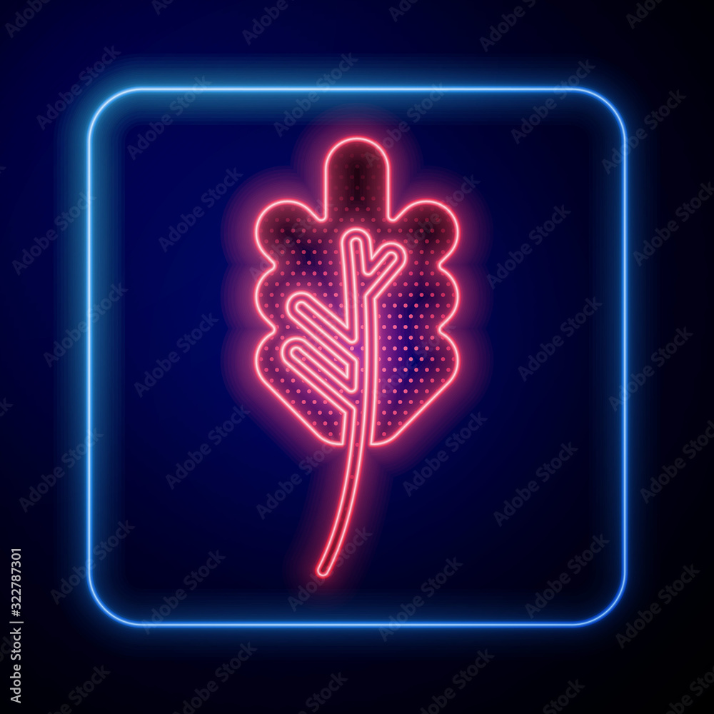 Glowing neon Leaf icon isolated on blue background. Leaves sign. Fresh natural product symbol.  Vect