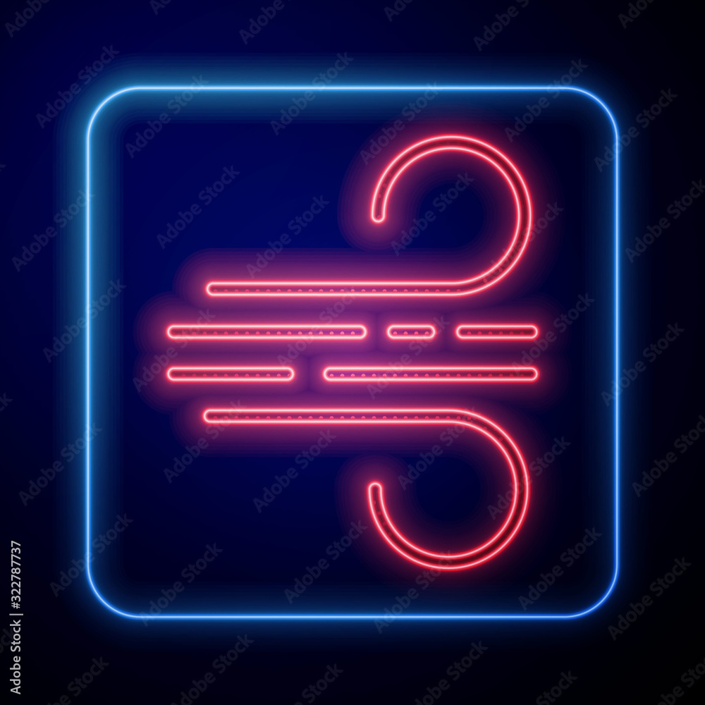 Glowing neon Wind icon isolated on blue background. Windy weather.  Vector Illustration