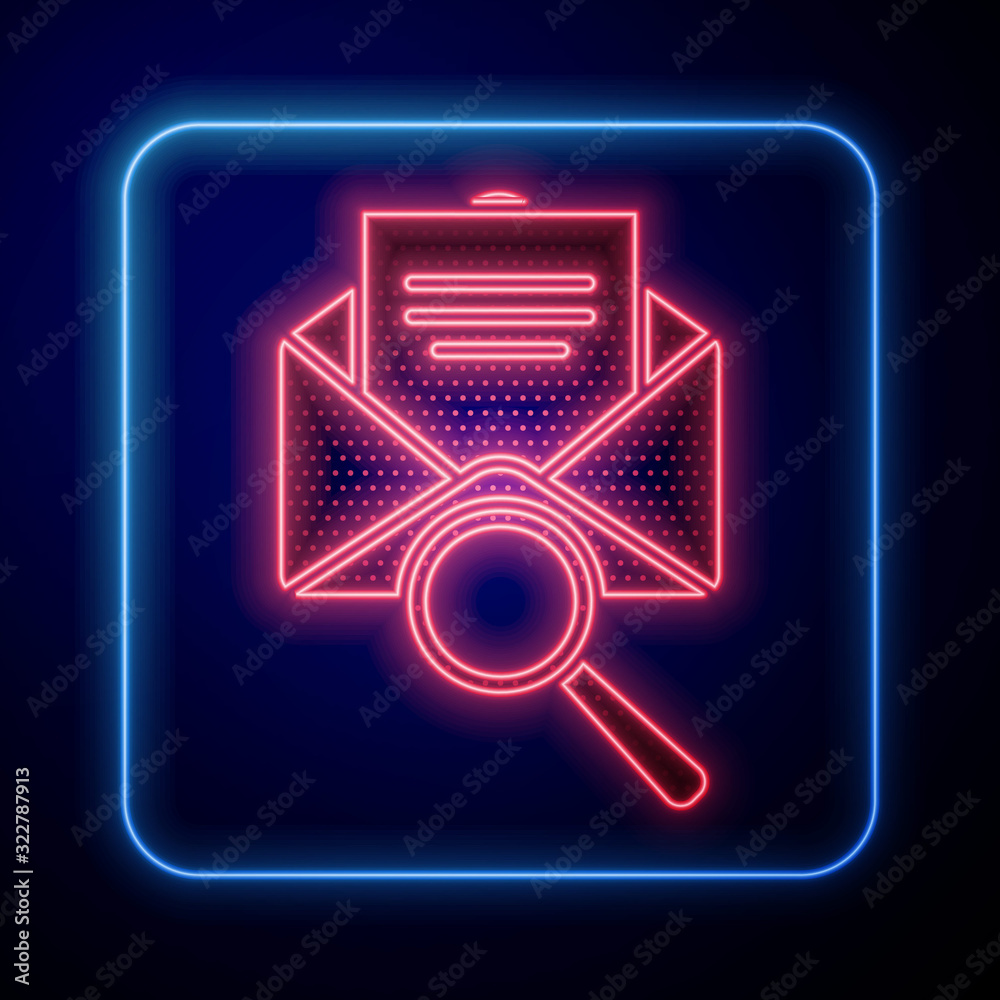 Glowing neon Envelope mail with magnifying glass icon isolated on blue background.  Vector Illustrat